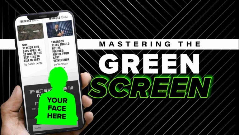 Hand holding a smartphone showing a green 'Your Face Here' placeholder on a mock article screen, with a bold 'Mastering the Green Screen' backdrop.