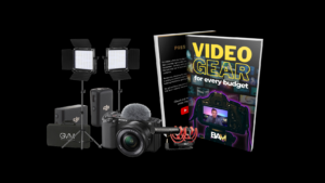 Arrangement of video production gear: two LED panel lights, a camera, microphone with furry windscreen, boom arm, and a magazine titled 'Video Gear for every budget' against a black background