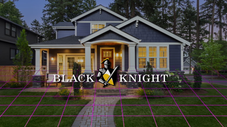 Front view of a blue-gray two-story house at dusk with warm entry lighting, overlaid by the Black Knight logo watermark across the center.