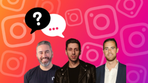 Three men stand in front of a pink‑orange Instagram‑style gradient with large speech bubbles, one black with a question mark that suggests a Q&A think‑piece.