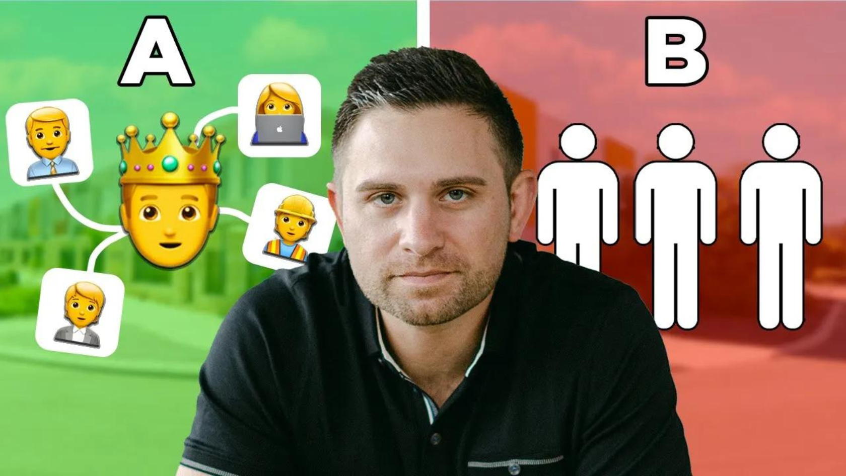 Person facing camera with a split background: left labeled A with crown and business emojis, right labeled B with three white figures (group)