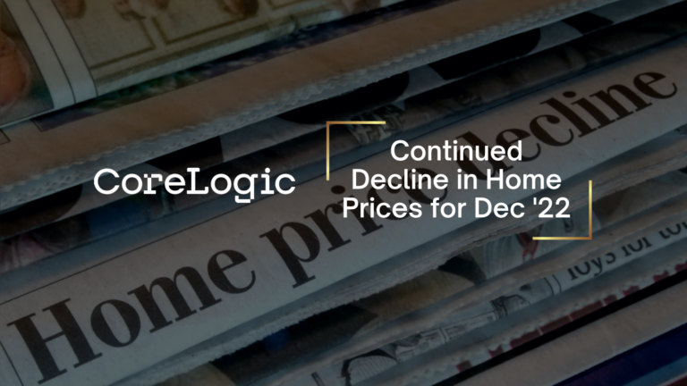 CoreLogic headline graphic over stacked newspapers: 'Continued Decline in Home Prices for Dec ’22' (informational image).
