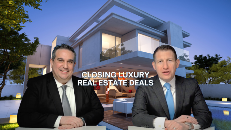 Two men in business attire sit at desks in front of a modern luxury home; title reads 'Closing Luxury Real Estate Deals'.
