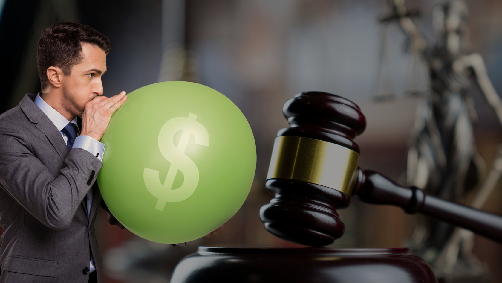 Businessman in a gray suit blows up a green balloon with a dollar sign beside a judge's gavel, depicting financial pressure in a legal context.