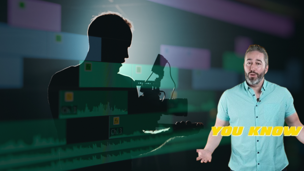 Thumbnail showing a silhouette filming with a camera over a video editing timeline; a man in a turquoise shirt stands on the right with bold 'YOU KNOW' text.