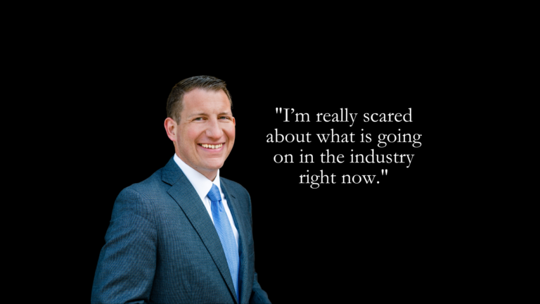 Smiling man in a blue suit on a black background, next to the quote: "I'm really scared about what is going on in the industry right now."