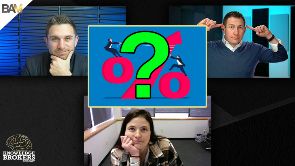 Collage banner for Knowledge Brokers Podcast with three hosts around a central colorful question-mark graphic and the logo in the corner.