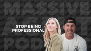 Banner featuring two people against a dark BAM pattern with bold white text: 'STOP BEING PROFESSIONAL'.