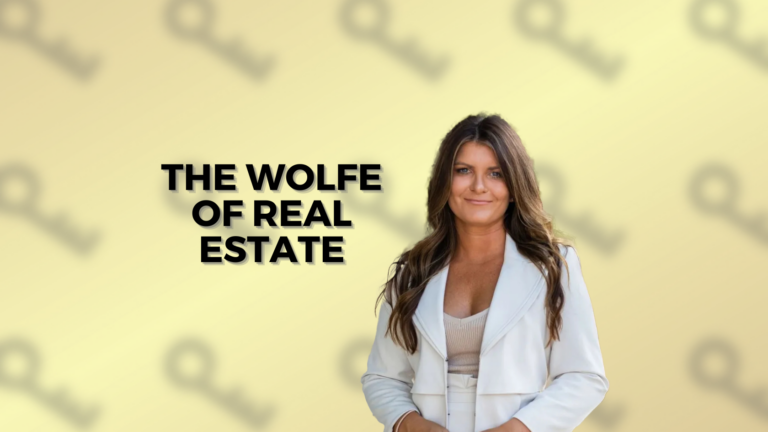 Promotional banner with a smiling woman in a white blazer beside the bold title 'The Wolf of Real Estate' on a pale yellow background.