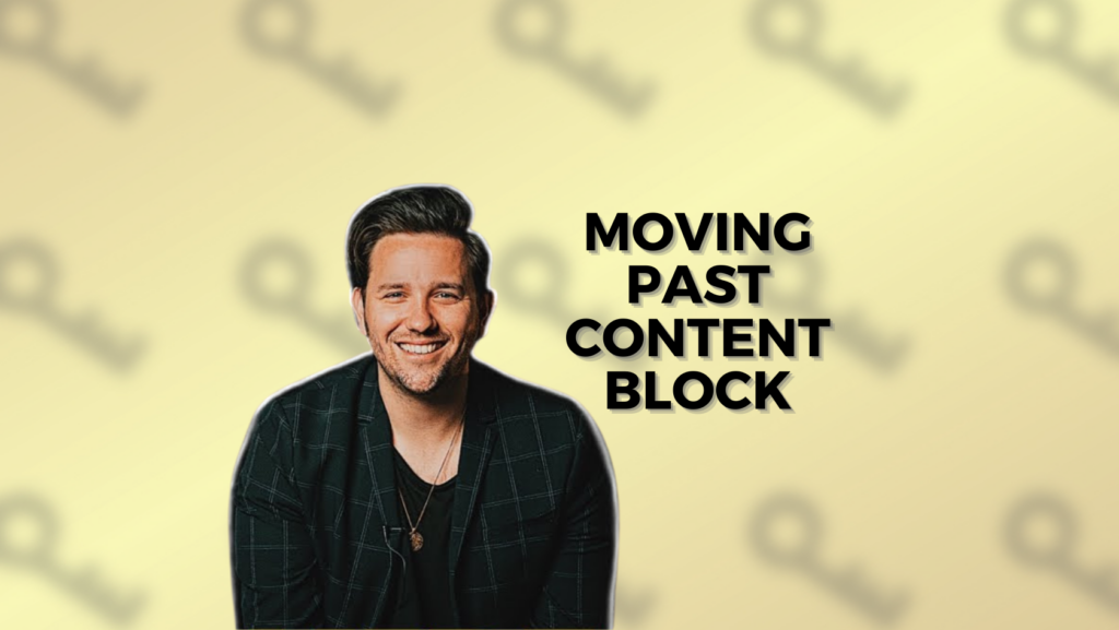 Smiling man in a dark plaid blazer sits on the left beside the bold title 'Moving Past Content Block' on a soft yellow patterned background.