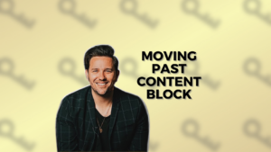 Smiling man in a dark plaid blazer sits on the left beside the bold title 'Moving Past Content Block' on a soft yellow patterned background.