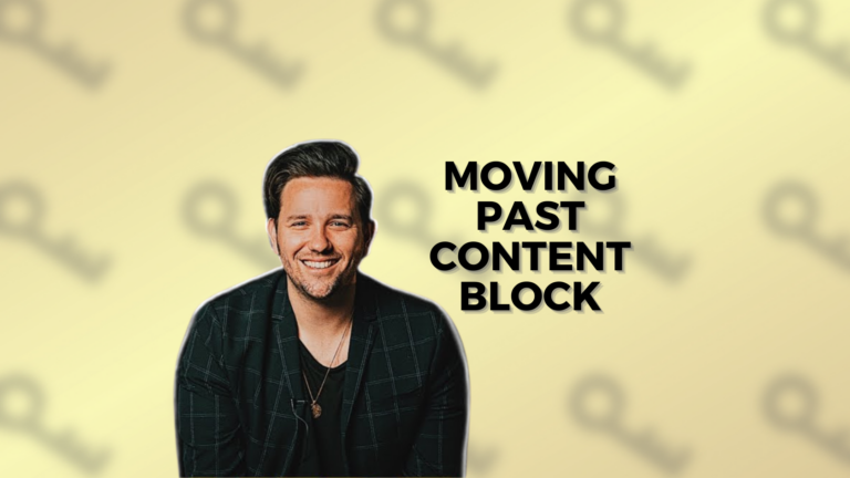 Smiling man in a dark plaid blazer sits on the left beside the bold title 'Moving Past Content Block' on a soft yellow patterned background.