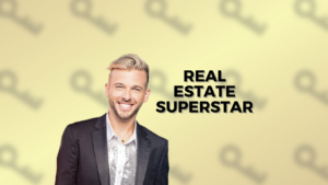 Smiling man in a black suit on the left with bold 'REAL ESTATE SUPERSTAR' text on a pale yellow background.