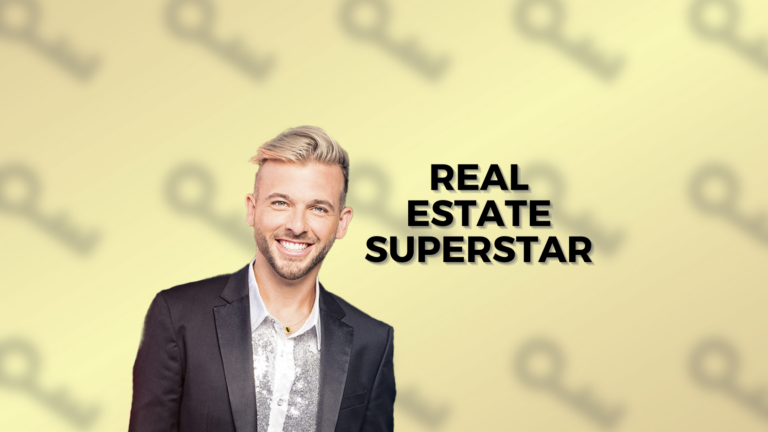 Smiling man in a black suit on the left with bold 'REAL ESTATE SUPERSTAR' text on a pale yellow background.