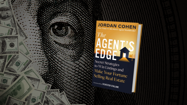 Front cover of 'The Agent's Edge' by Jordan Cohen on a dark textured surface, with a fan of dollar bills to the left and a house icon on the cover.