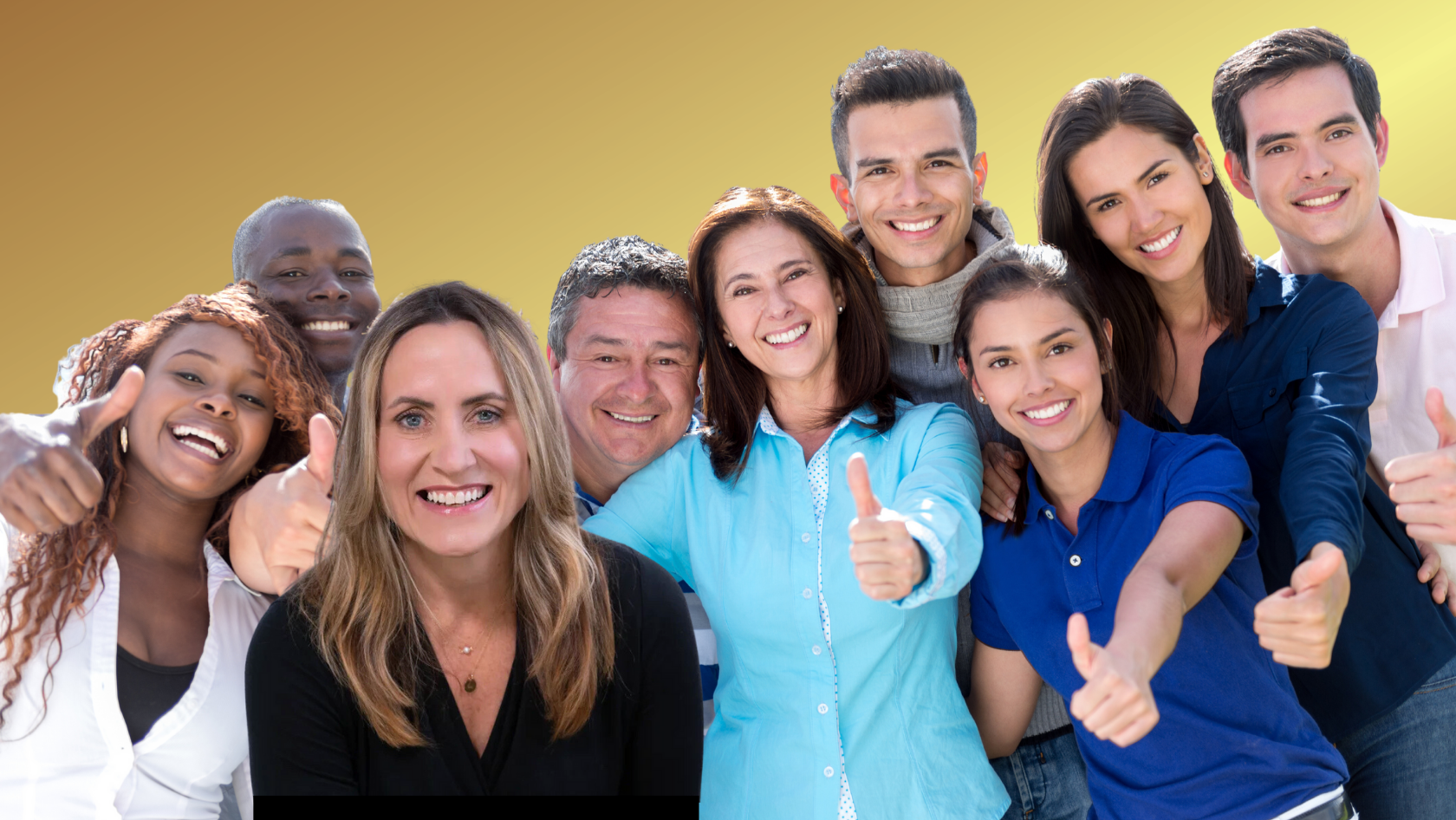 Group of diverse people smiling and giving thumbs up together against a yellow gradient background.