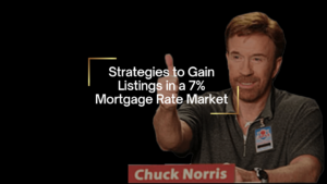 Man on stage giving a thumbs up; headline reads 'Strategies to Gain Listings in a 7% Mortgage Rate Market'