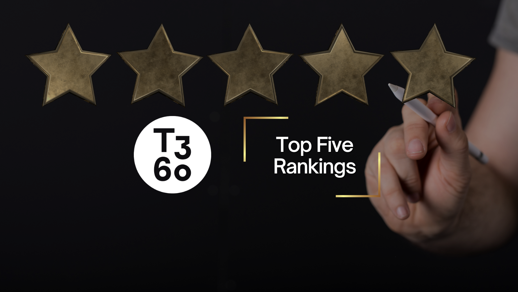 Five gold stars on a dark background above a circular logo with 'T3 60' and the text 'Top Five Rankings' beside a hand holding a pen.