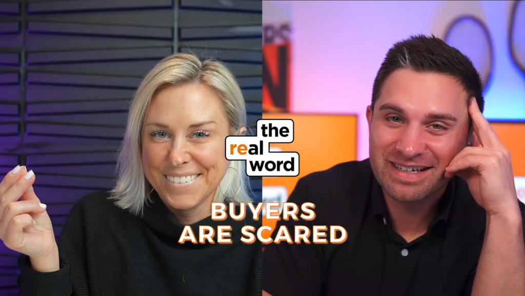 Split-screen video thumbnail with a smiling woman on the left and a man on the right, logo in center, and 'BUYERS ARE SCARED' text below.