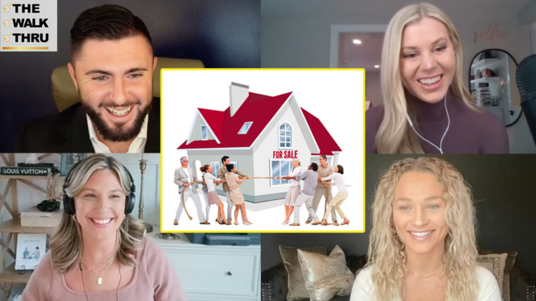 Video conference with four people smiling around a central 'For Sale' house illustration; logo 'The Walk Thru' in corner.