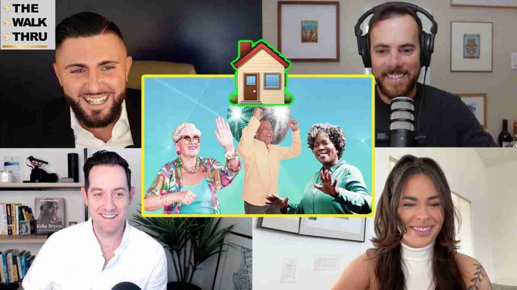 Video conference with five smiling participants around a central inset image showing three older people dancing under a disco ball, outlined in yellow, with a small house icon on top; The Walk Thru logo appears in the top-left corner.