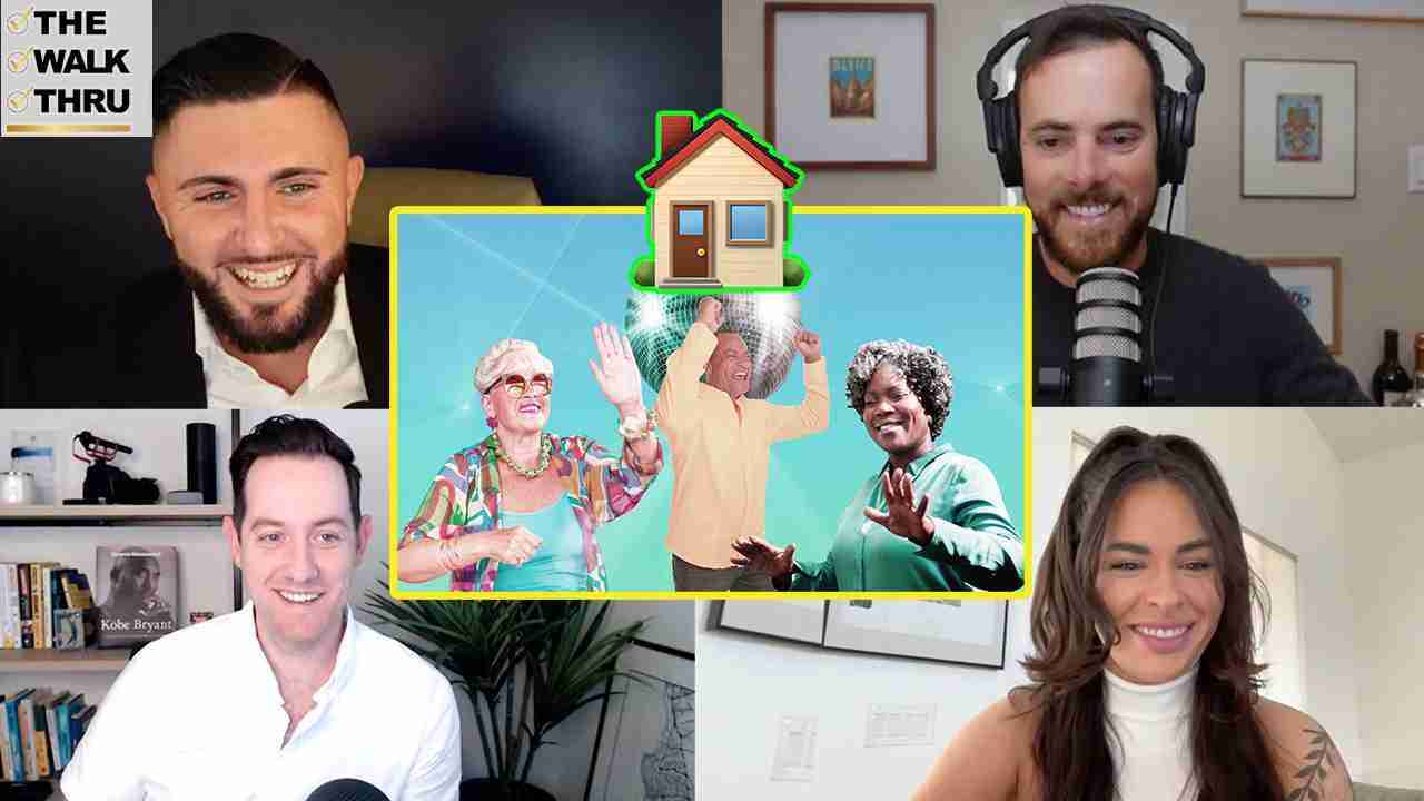 Video conference with five smiling participants around a central inset image showing three older people dancing under a disco ball, outlined in yellow, with a small house icon on top; The Walk Thru logo appears in the top-left corner.