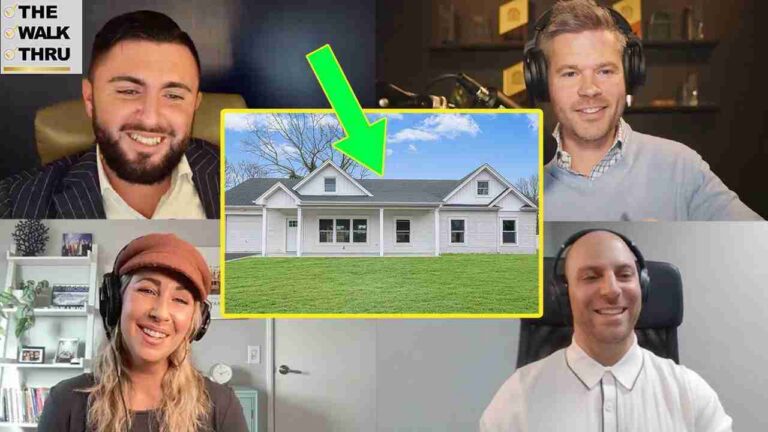 Video call with four hosts; central highlighted house image on screen