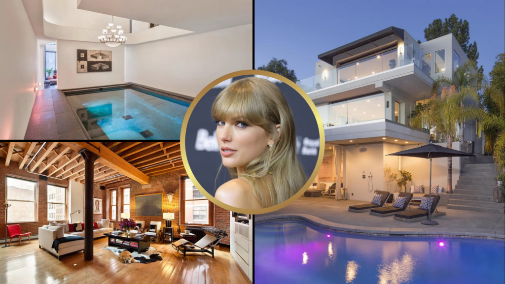 Collage of luxury interiors (indoor pool, brick loft, modern house exterior) surrounding a circular portrait of a blonde woman.