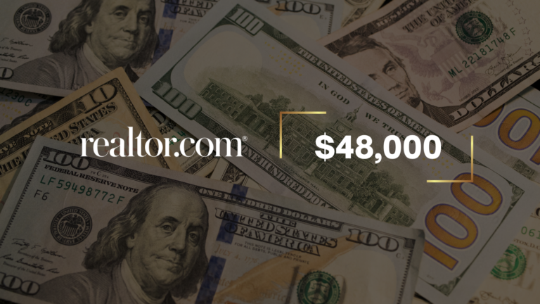 Background of overlapping U.S. dollar bills with the realtor.com logo and a large $48,000, outlined by yellow brackets for emphasis.