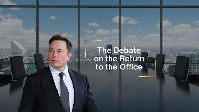 Conference room with city skyline; man in suit on left and title: 'The Debate on the Return to the Office'.