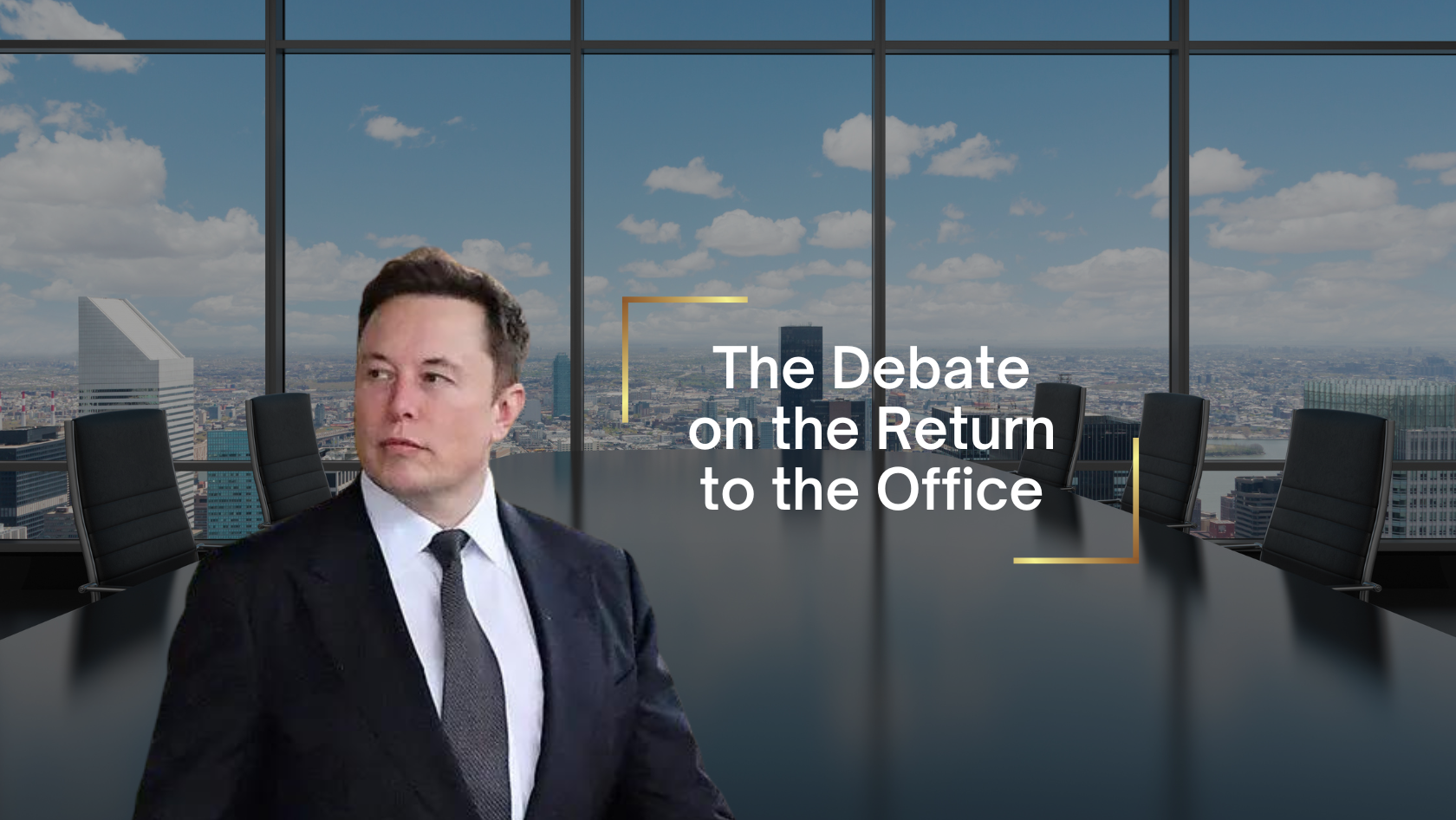 Conference room with city skyline; man in suit on left and title: 'The Debate on the Return to the Office'.