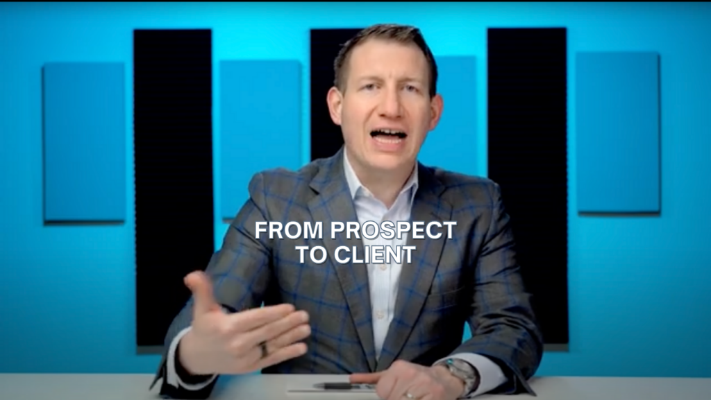 Man in a checkered suit explaining, with the title 'From Prospect to Client' overlaid, suggesting a sales or client-relationship video.
