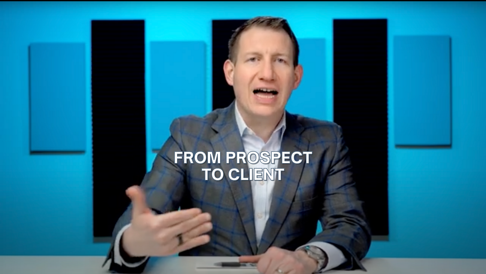 Man in a checkered suit explaining, with the title 'From Prospect to Client' overlaid, suggesting a sales or client-relationship video.