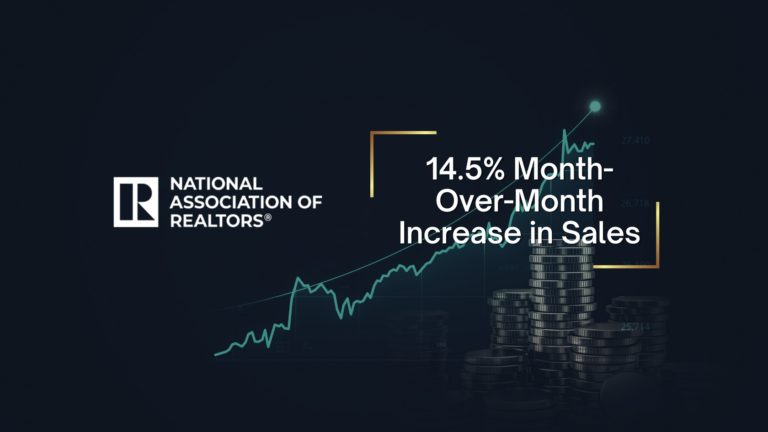 National Association of Realtors logo with the headline: 14.5% Month-Over-Month Increase in Sales over a dark chart background showing coins.