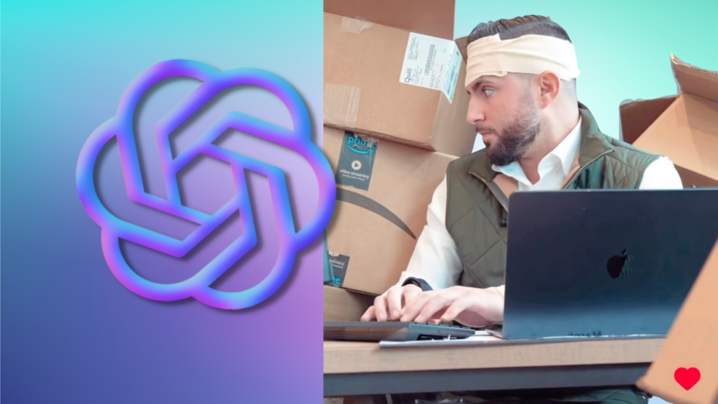 Left: abstract neon purple logo on a blue–teal gradient; right: man with a bandage on his head using a laptop amid stacked boxes on a desk, with a red heart icon in the corner.
