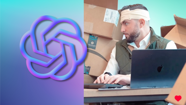 Left: abstract neon purple logo on a blue–teal gradient; right: man with a bandage on his head using a laptop amid stacked boxes on a desk, with a red heart icon in the corner.