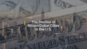 Backdrop of a city skyline overlaid with a large dollar bill and gold square-bracket accents, featuring the headline “The Decline of Million-Dollar Cities in the U.S.” as a hero image for an economics article.