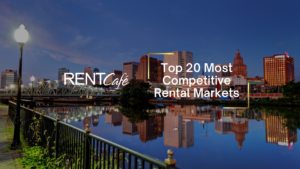 Banner image of a city skyline at dusk reflected in a river, with the overlay text 'Top 20 Most Competitive Rental Markets' and the RENTCafe logo.