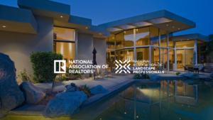Modern glass-house at dusk with outdoor seating and a reflecting pool; overlaid logos of the National Association of Realtors and the National Association of Landscape Professionals.