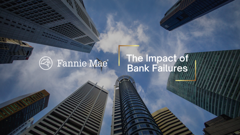 Low-angle view of skyscrapers with the Fannie Mae logo and the title The Impact of Bank Failures.