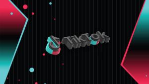 Decorative banner with a 3D gray wordmark edged in turquoise and magenta, set against a black striped background and teal/pink geometric shapes on the sides.