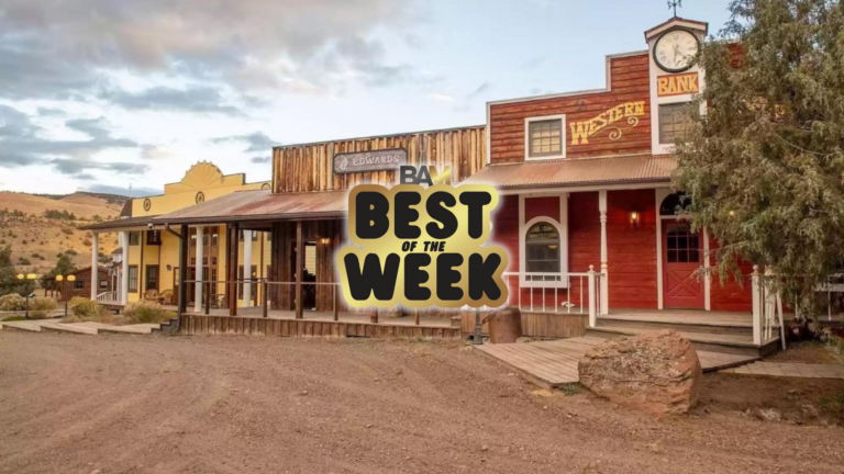 Row of wooden frontier storefronts on a dusty western street with a large 'Best of the Week' badge centered on the image.