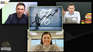 Collage for Knowledge Brokers Podcast with three hosts around a central rising-graph image and a smiling woman at bottom left/right.