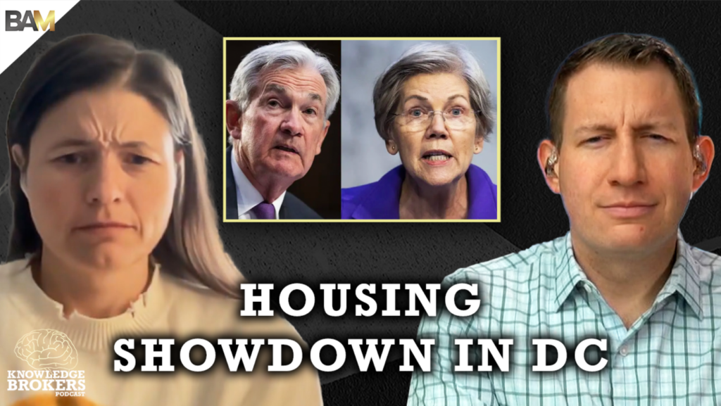 Podcast cover: a woman on the left and a man on the right, with a framed photo of two politicians in the center and bold title 'HOUSING SHOWDOWN IN DC'; Knowledge Brokers logo bottom-left.