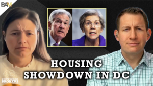 Podcast cover: a woman on the left and a man on the right, with a framed photo of two politicians in the center and bold title 'HOUSING SHOWDOWN IN DC'; Knowledge Brokers logo bottom-left.