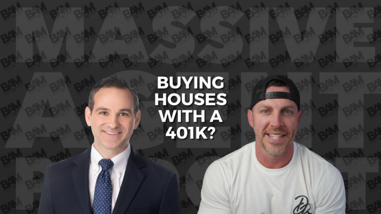 Two men stand in front of a dark, watermark-pattern background with bold text: 'Buying houses with a 401K?' in the center. A suited man is on the left, a casually dressed man on the right.