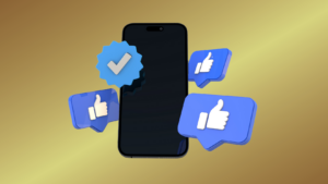 Smartphone surrounded by floating blue like icons and a blue verification badge, illustrating social engagement.