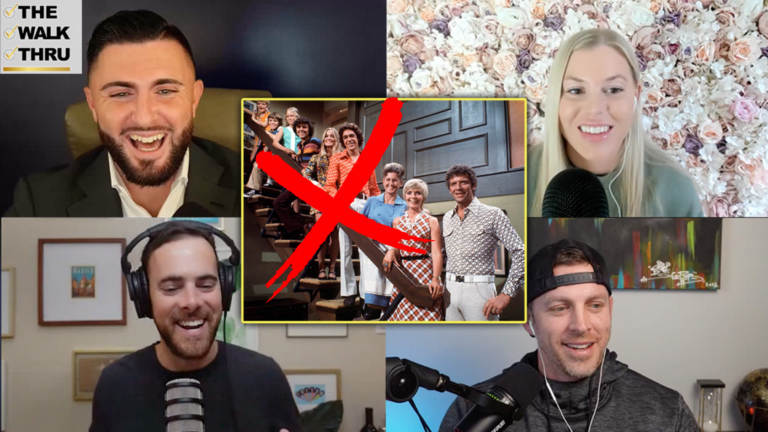 Six-person video-call collage; center image of a retro TV cast is crossed out with a red X, flanked by hosts in separate frames; floral backdrop and a 'The Walk Thru' logo visible.