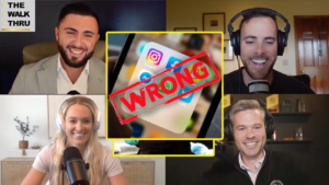 Four hosts appear in a video-call grid with a central image of social-media icons stamped with 'WRONG' in red; The Walk Thru logo is in the top-left corner.] ,