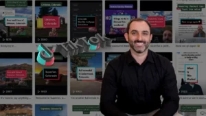 Smiling man in a black shirt sits in front of a collage of Colorado real estate thumbnails and text overlays.